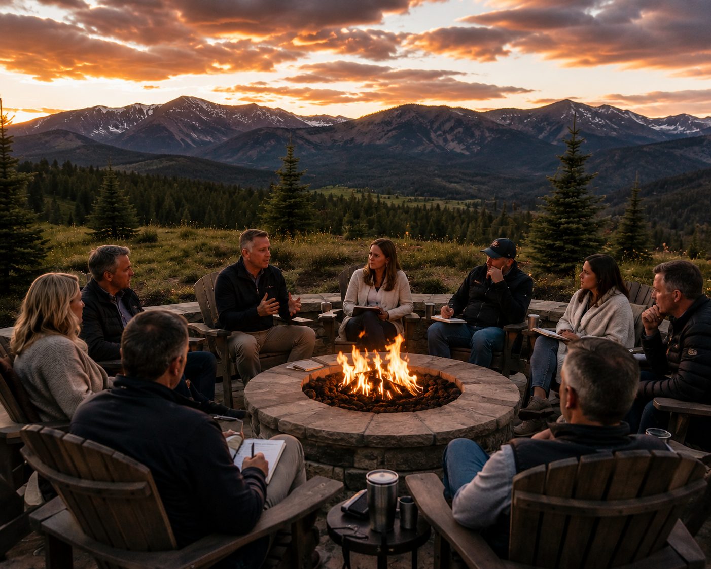 Presidents Club incentive trip group around the firepit at Iron Slide Lodge