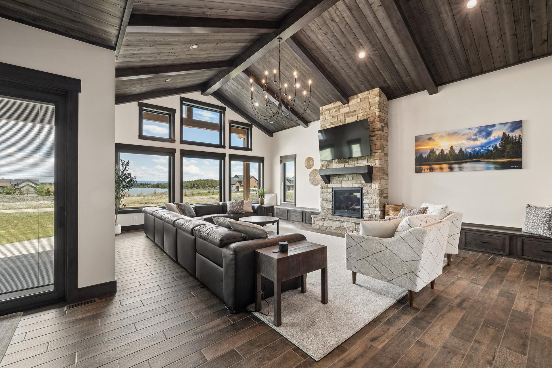 Open great room workspace with seating, connectivity and water views